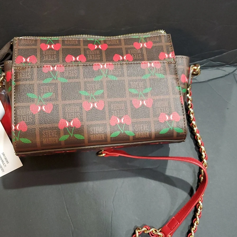Steve Madden brown plaid checkered cherry print bryder crossbody bag and charm - Picture 9 of 13